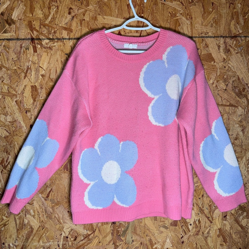 Easel Pink & Purple Big Flower Floral Sweater Preppy Whimsical Oversized Loose M